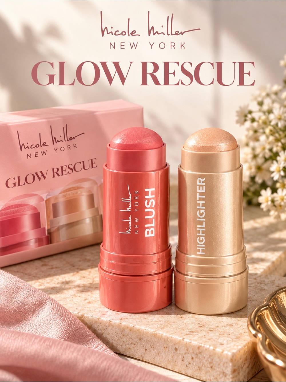 Nicole Miller Glow Rescue Blush Stick & Highlighter